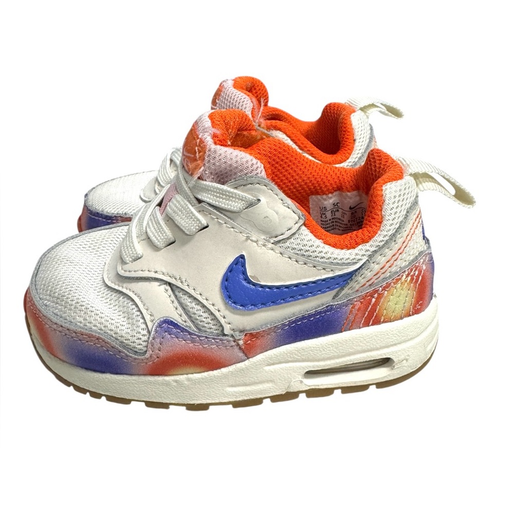 Nike Air Max 1 White and Blue Sneakers with Orange Accents Toddlers 5C - Picture 3 of 8
